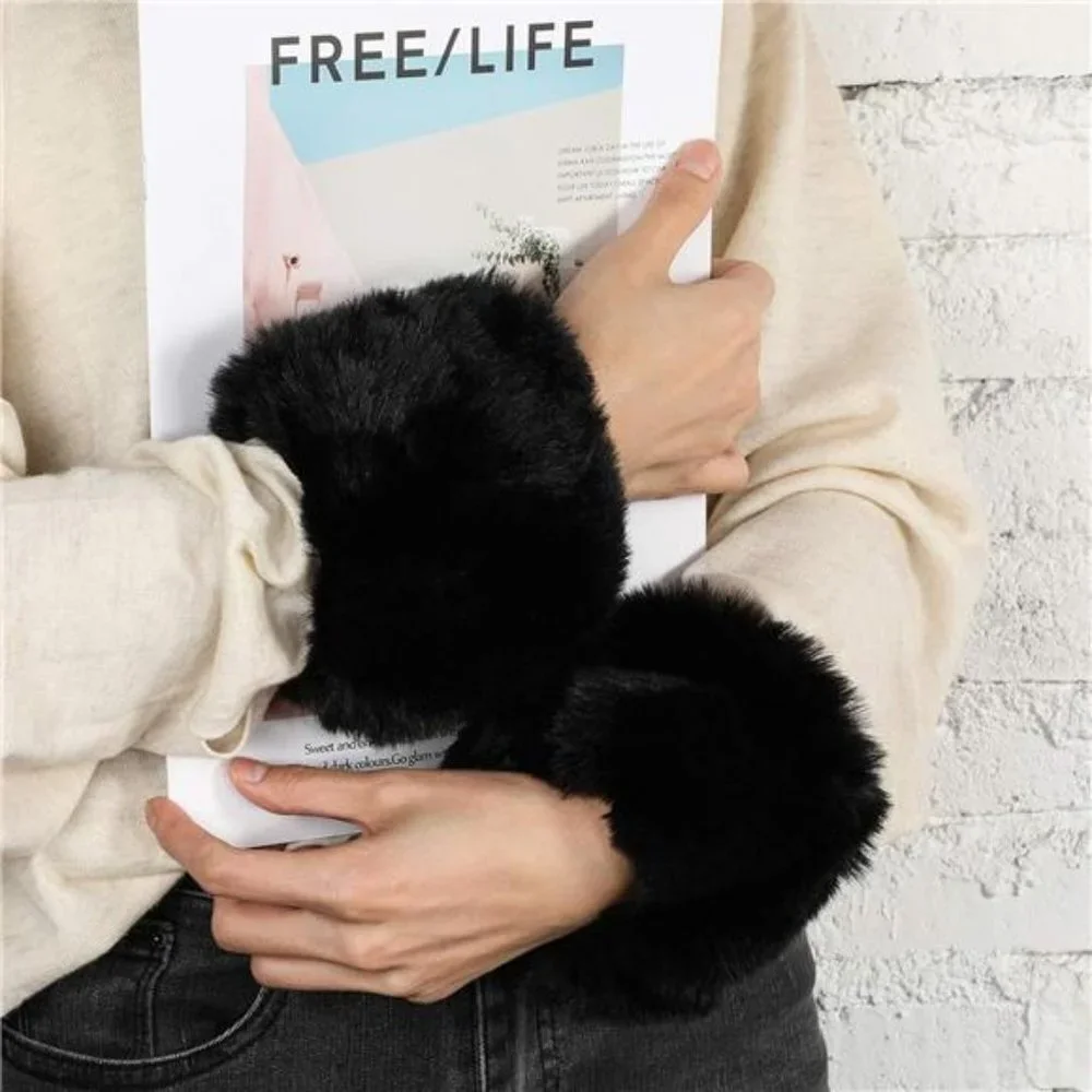 Black Fuzzy Faux Fur Pom Pom Wrist Cuffs Furry Arm Bands Arm Warmers Glove‎